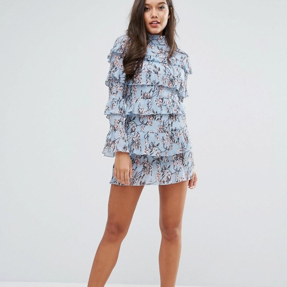 Missguided Light Blue Floral Tiered Mini Dress